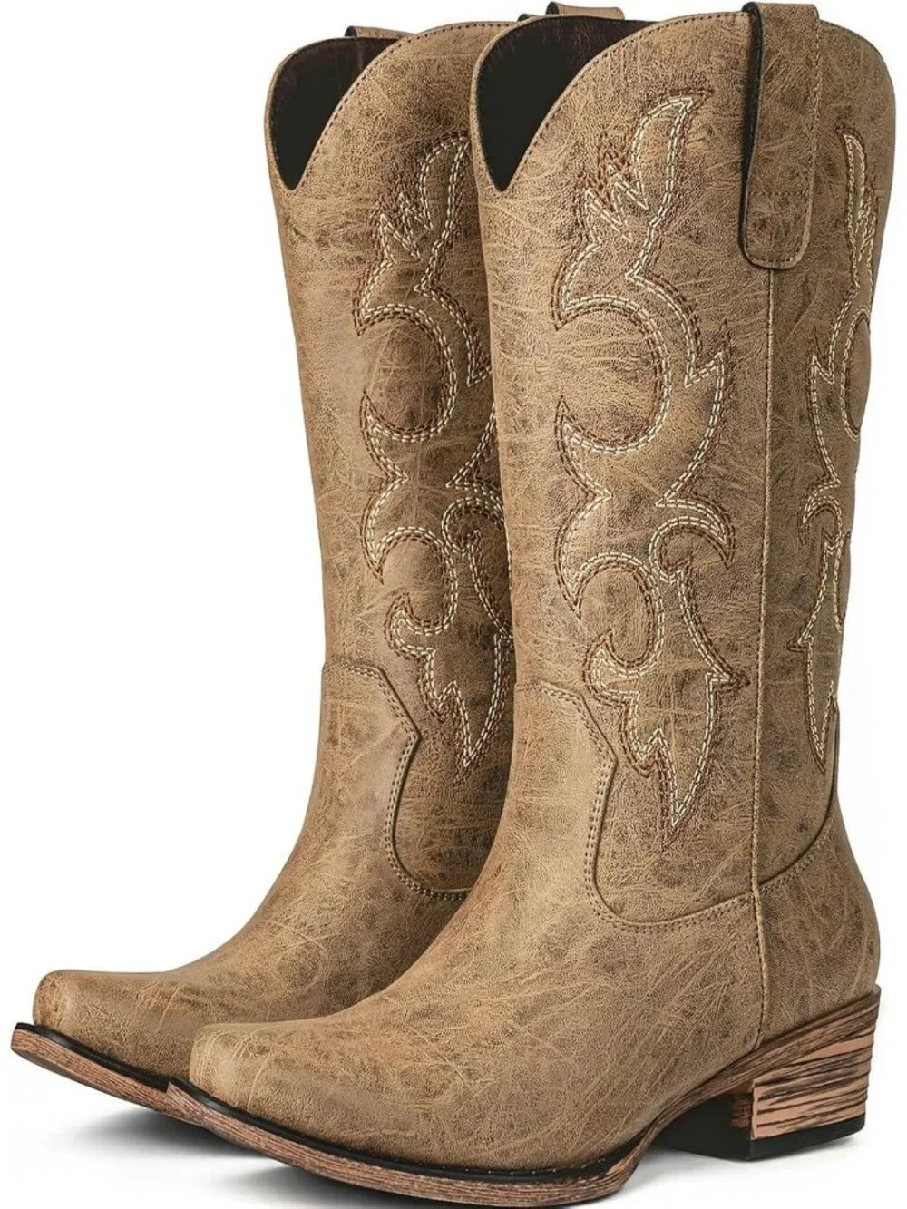 Women's Camel Rubber Calf High Western Pointed Toe Cowgirl Chunky Heel Boots